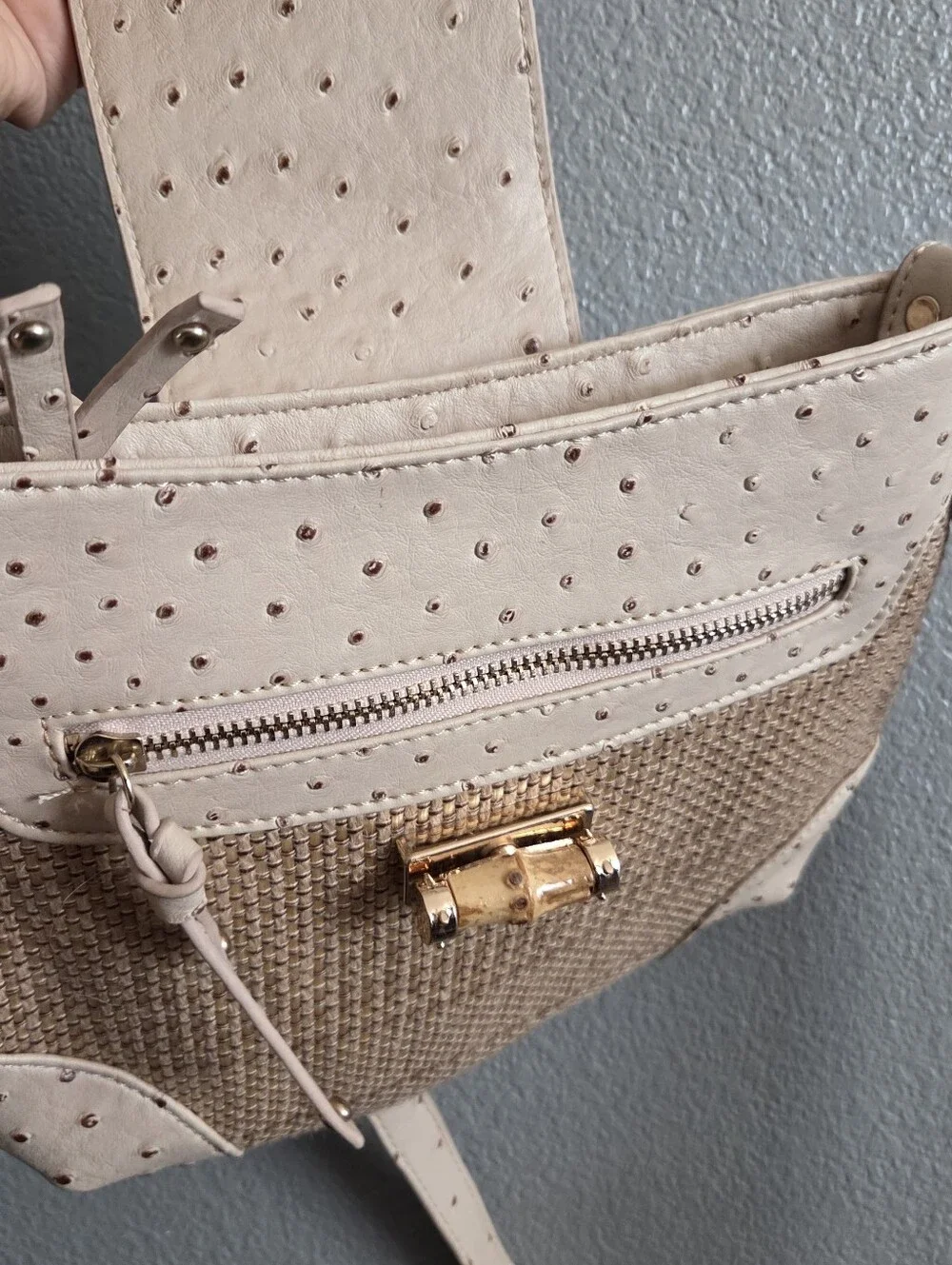 Tan Straw Faux Ostrich Embossed Crossbody Bag Bamboo & Gold Twist Lock